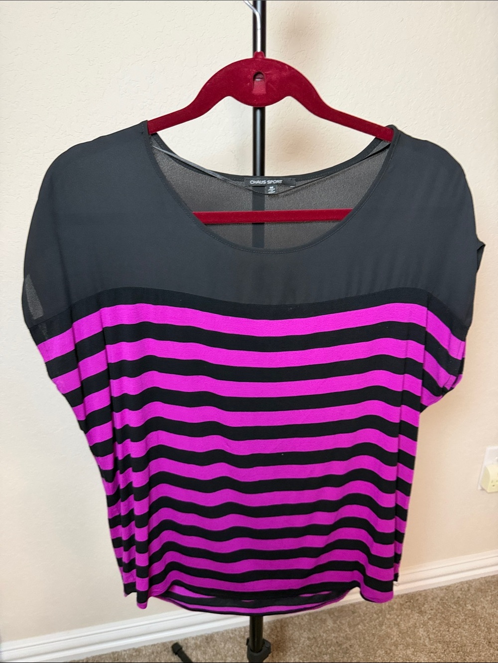 Chaus Sport Women's Black and Fuchsia Striped Short Sleeve Top